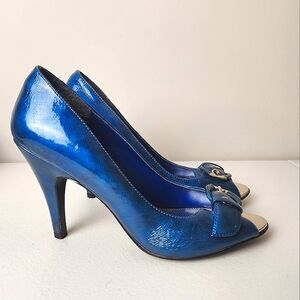 Delicious Blue Peep Toe Heel with toe buckle. Size 8.5